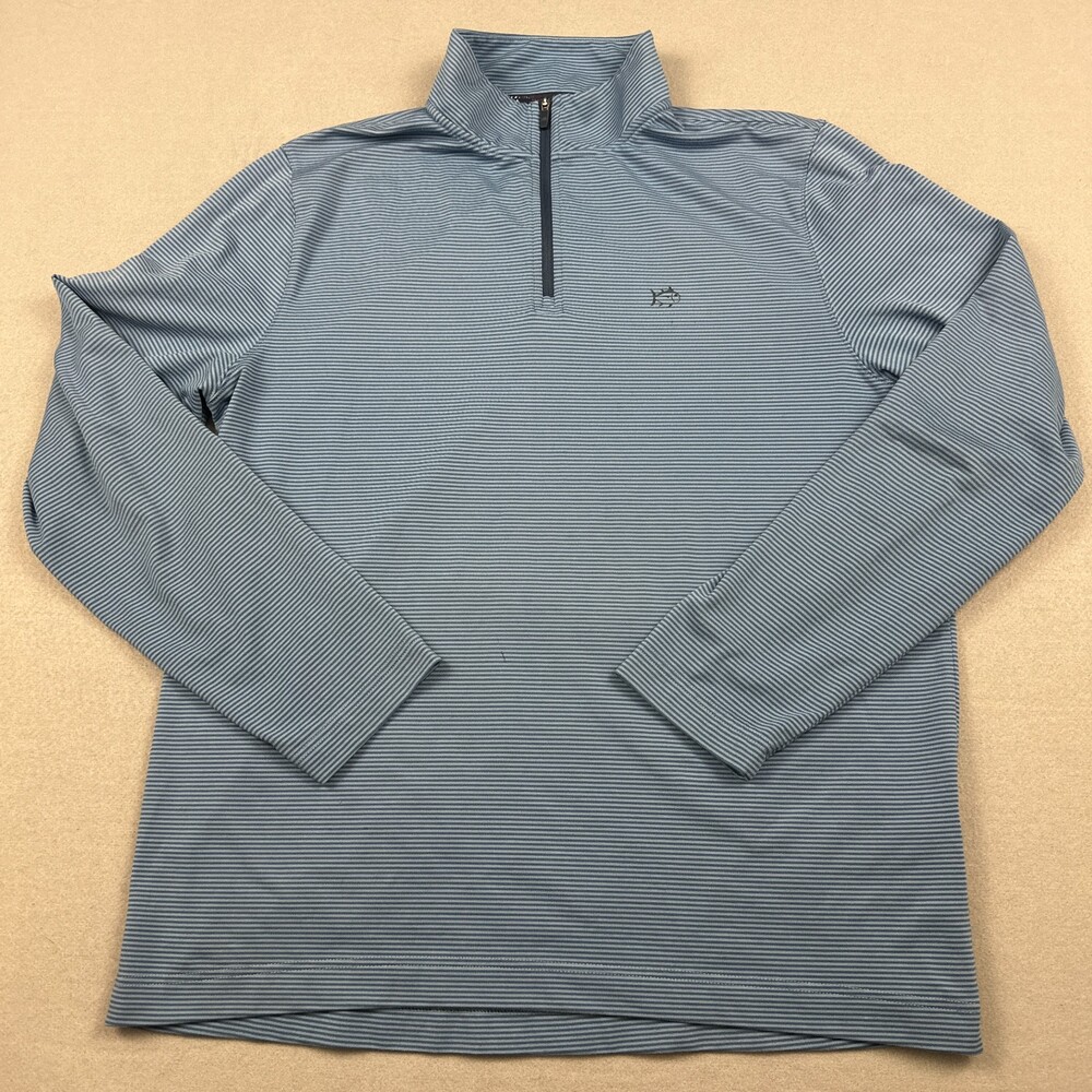 Southern Tide Sweater Men Large Blue Stripe 1/4 Zip Pullover Knit Logo L *